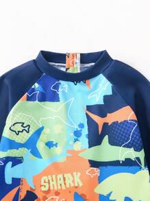 男婴字母印花插肩长袖休闲泳衣（配短裤） - 彩色 - 查看 8