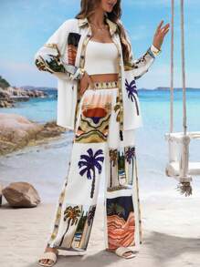 女士棕榈树印花长袖衬衫和裤子休闲套装适合假期 - 彩色 - 查看 7