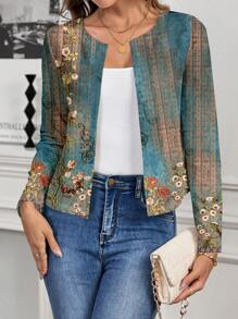 SHEIN Clasi Casual Retro Floral Pattern Cardigan Jacket For Women, Suitable For Spring & Summer Fall Clothes Winter Clothes - Blue - View 7