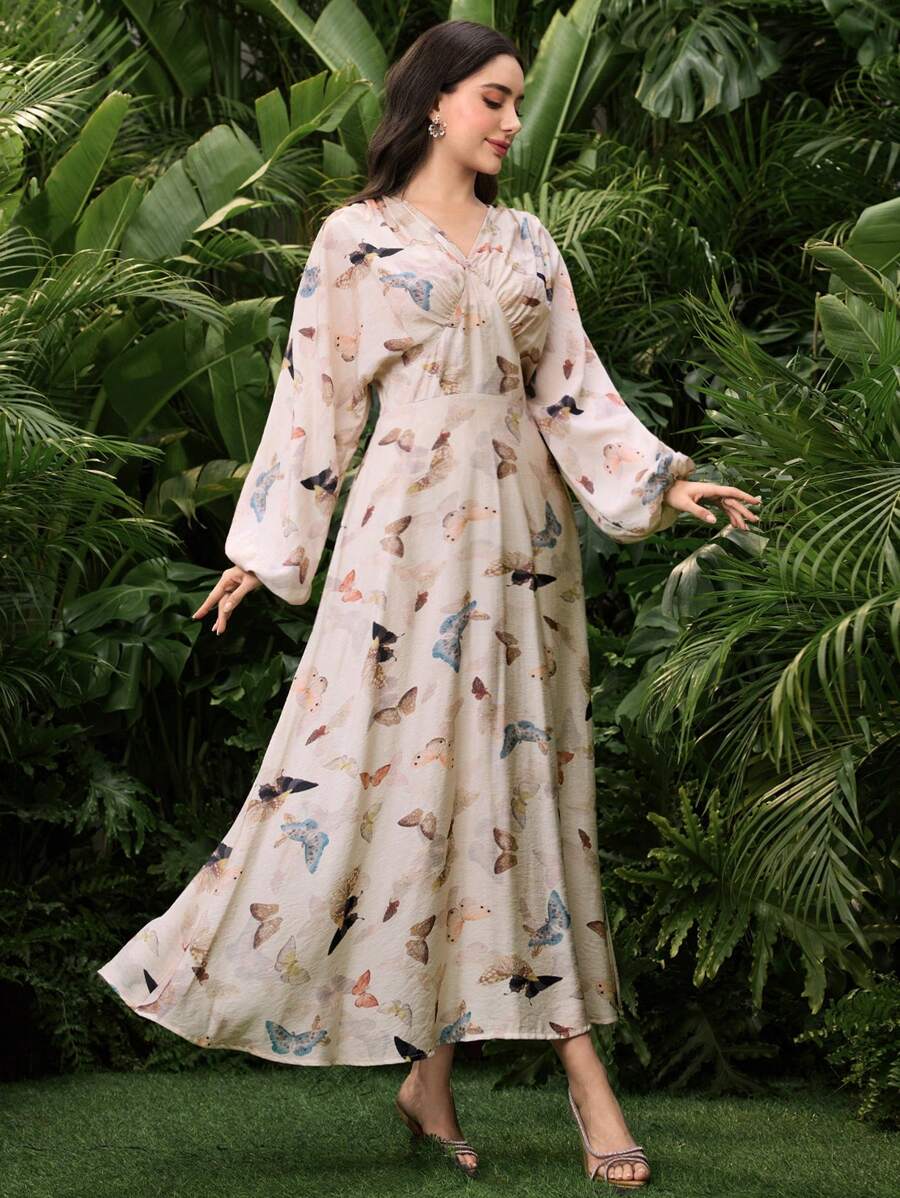 Modelyn Women's V-Neck Long Sleeve Butterfly Print Casual Long Dress Fall Cloth For Women - Multicolor - View 1