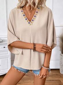 SHEIN LUNE Women's V-Neck Solid Color Crochet Patchwork Design Shoulder Sleeve Shirt, Spring/Summer, Vacation - Apricot - View 4