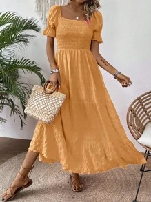 SHEIN Clasi Women's Fashionable Solid Color A-Line Flared Puff Sleeve Dress Maxi Women Outfit