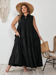 SHEIN CURVE+ Vestido largo talla grande con cuello de corbata, bajo con volantes y mangas acampanadas, estilo bohemio para vacaciones
