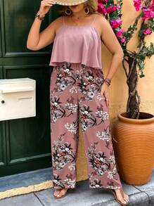 SHEIN VCAY 大码假日海滩休闲西部乡村粉色花卉印花拼布宽松阔腿连体裤