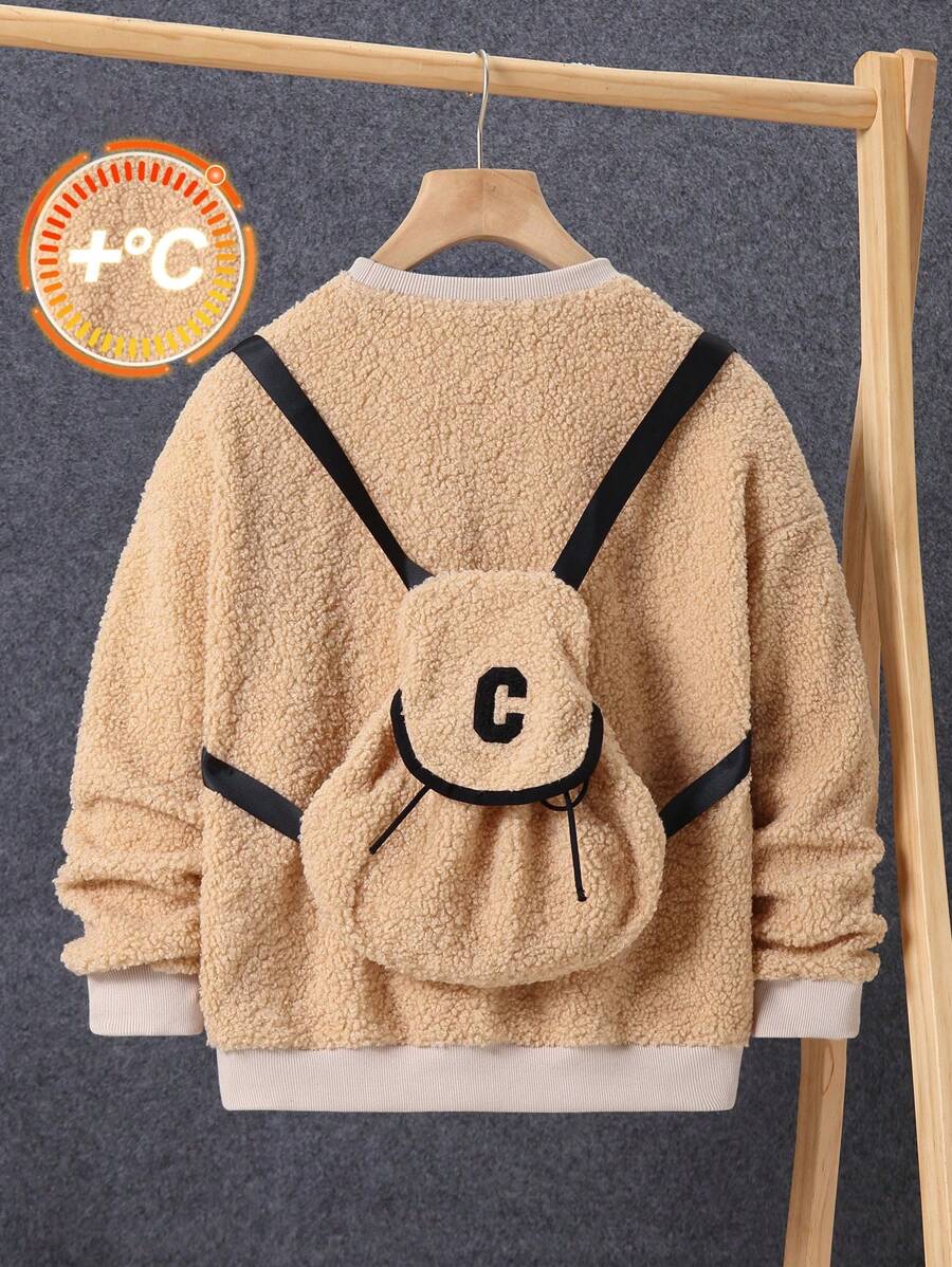 SHEIN Tween Boy Contrast Trim Teddy Pullover With Bag - Khaki - View 1