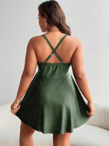 SHEIN Swim Curve 大码女式黑色荷叶边前系带泳衣 - 軍綠色 - 查看 2