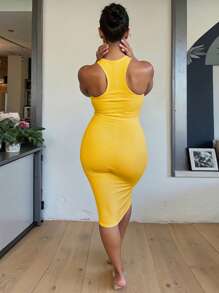 INAWLY Gaun Bodycon Tanpa Lengan Warna Polos Kasual Wanita - Kuning - View 5