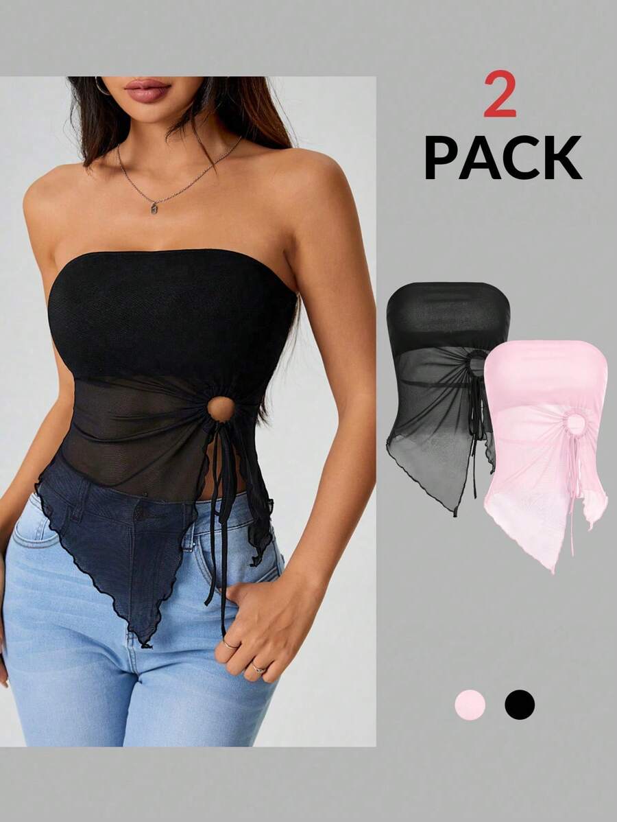 SHEIN PETITE Top asimétrico de dos piezas con dobladillo asimétrico, cordón decorativo con efecto de lechuga en los lados - Multicolor - Ver 1