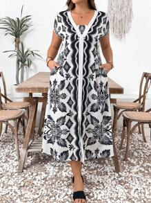 Breezaya Vestido de longitud media con estampado de pañuelo, de unicolor, de manga corta y escote en V para mujer de talla grande