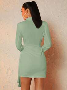Silquee Vestido corto de mujer con cuello de solapa, manga larga, fruncido, parche y volante en el bajo, color verde salvia - verde menta - Ver 2