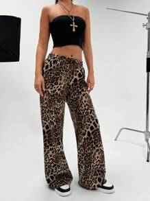 EURMUSE Casual Leopard Print Loose Fit Straight Leg Wide Leg Pants, Thick Jacquard Fabric, Could Be Worn In Autumn And Winter - Multicolor - View 3