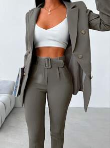 EURMUSE 女式纯色双排扣夹克和裤子套装 - 淺灰色 - 查看 4