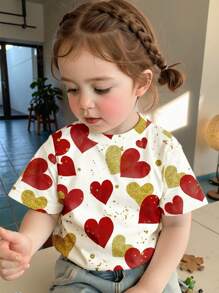 SHEIN Vintage Hand-Painted Heart Print, Young Girl Casual Simple Round Neck Short Sleeve T-Shirt, Suitable For Summer