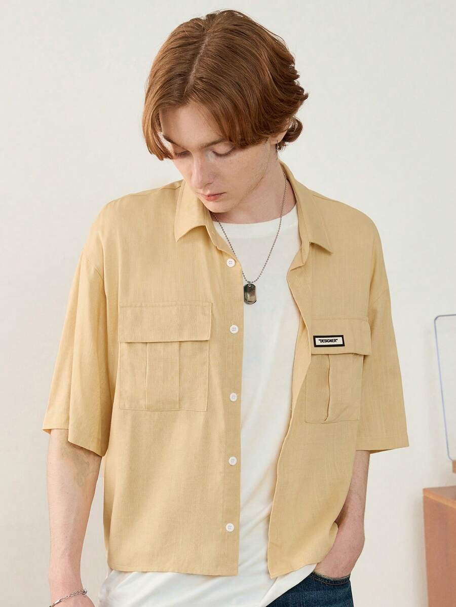 Manfinity VCAY Regular Fit Men's Casual Loose Cargo Pocket Short Box Cut Linen Shirt - Yellow - View 1