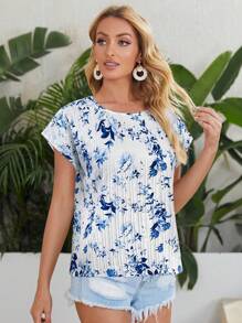 SHEIN LUNE 度假休闲花卉印花蝙蝠袖衬衫 - 藍白色 - 查看 3