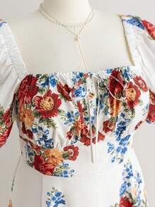 SHEIN WYWH Plus Size Women's Vacation Countryside Placement Print Square Neck Puff Sleeve Split Midi Dress - Multicolor - View 7