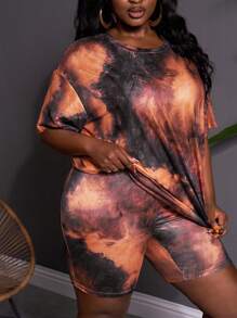 SHEIN CURVE+ Conjunto de dos piezas (camiseta de hombros caídos con efecto tie-dye y shorts de ciclista) para talla grande de verano - Multicolor - Ver 5
