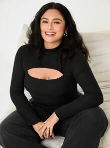 SHEIN EZwear 大码女式纯色立领镂空长袖黑色 T 恤 - 黑色 - 查看 1