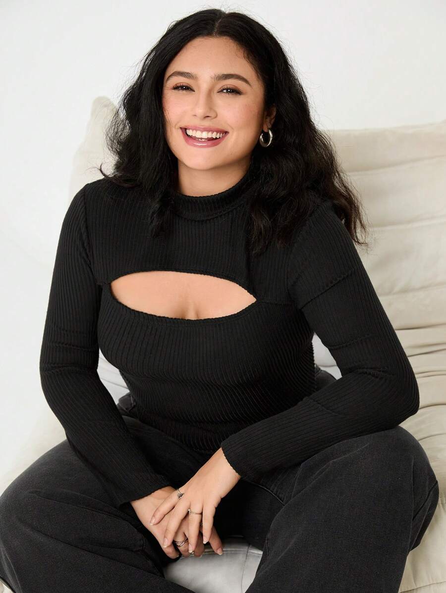 SHEIN EZwear 大码女式纯色立领镂空长袖黑色 T 恤 - 黑色 - 查看 1