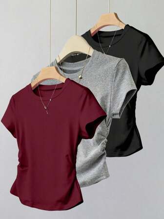 3pcs Tween Girl Casual T-Shirts Set, Includes Ruffled Waistband T-Shirt, Minimalist Style