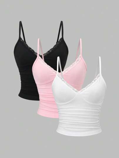 Sweetra Y2K 性感蕾丝边褶饰吊带背心套装，多件