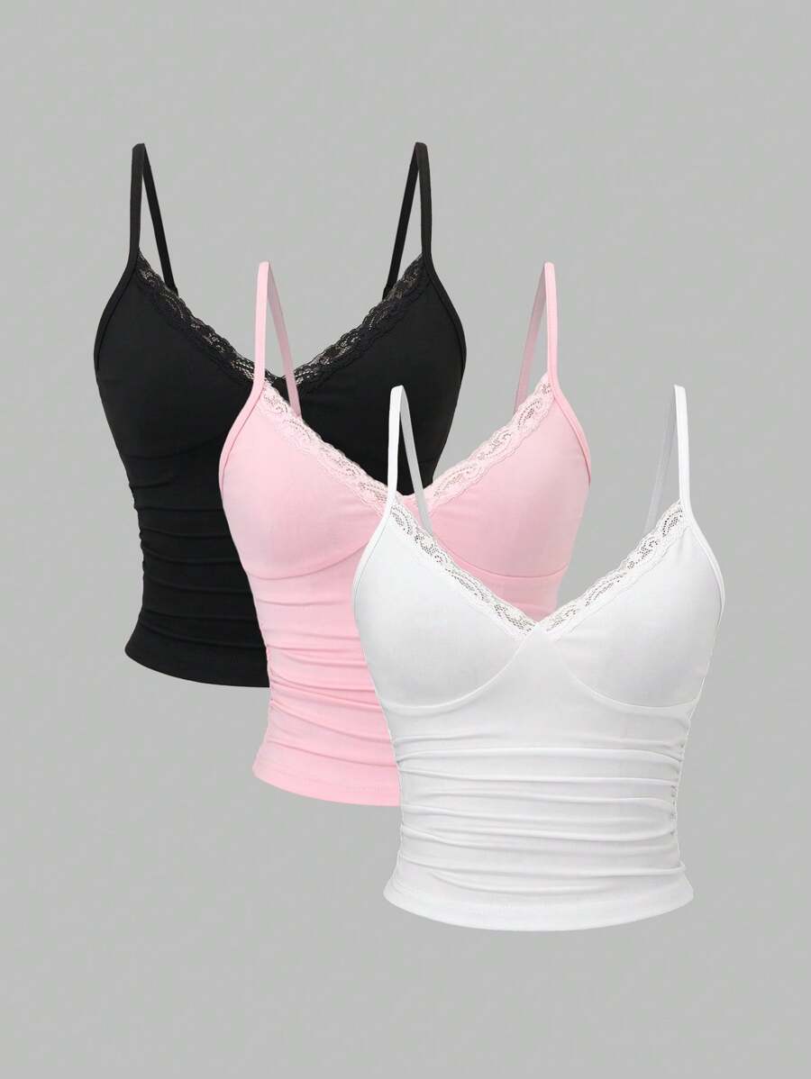 Sweetra Y2K Sexy Lace Trim Ruched Camisole Set, Multiple Pcs