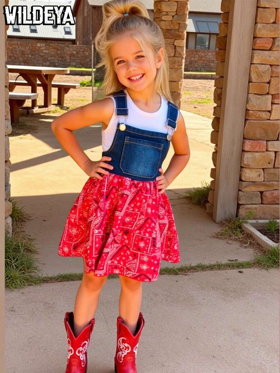 SHEIN Young Girls 2pcs Sets, Spring And Summer Wildeya New Retro Styles: Fashionable Casual Washed Blue Patchwork Red Retro Print Suspender Skirt With Apricot Camisole, Cute And Suitable For Outdoor Activities, Everyday Wear, And Ranch Life, School, Campus, College