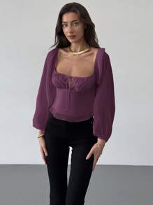 Aloruh Blusa de mujer de manga larga, con cuello cuadrado, cintura drapeada y textura acampanada - Morado - Ver 4