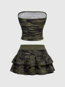 ROMWE J-Fashion 女士 2 件套迷彩星星短款上衣和迷你裙 - 軍綠色 - 查看 2