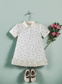SHEIN Vestido de niña con estampado floral, cuello de punto, mangas abullonadas y dobladillo con volantes, para primavera/otoño