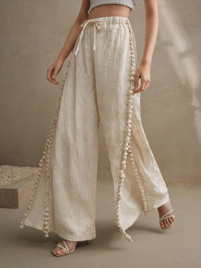 Anewsta Elegant Design Flounce Hem High Waist Wide Leg Women's Pants, Straight Leg Relaxed Fit, Suitable For Festival, Vacation, Beach, Boho Style