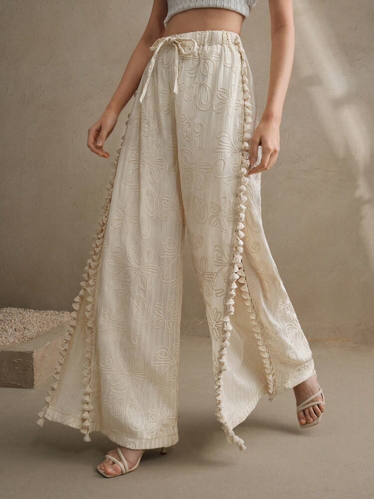 Elegant Design Flounce Hem High Waist Wide Leg Women's Pants, Straight Leg Relaxed Fit, Suitable For Festival, Vacation, Beach, Boho Style