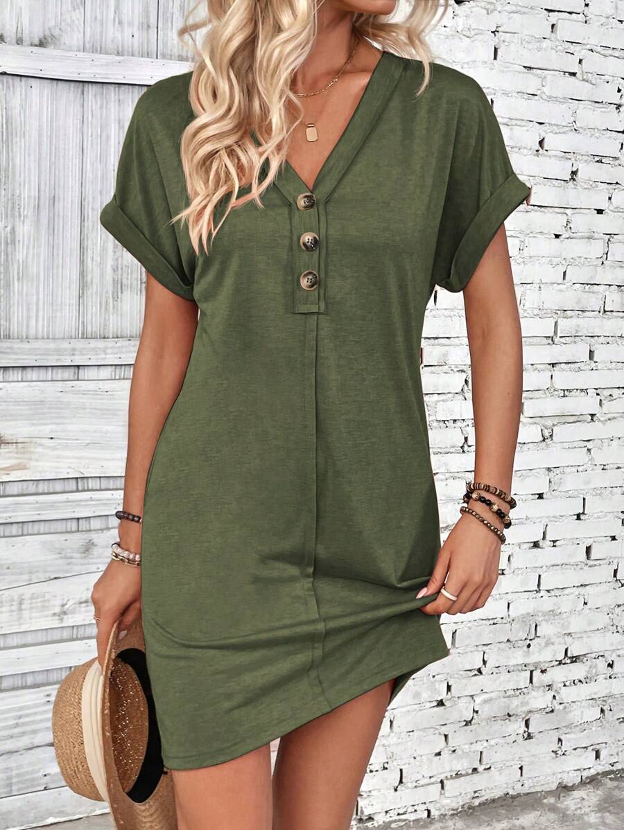 EMERY ROSE Women Simple Plain Front Button Batwing Sleeve Short Casual Dress - Army Green - View 1
