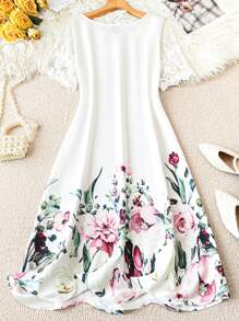 SHEIN Clasi Elegante vestido de talla grande de diseño versátil y popular para ir al trabajo o de vacaciones, con cuello redondo, parches de encaje y mangas cortas, hecho de tela estampada, para primavera/verano/otoño - Blanco - Ver 2