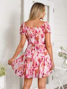 SHEIN VCAY 女士度假印花方领短袖迷你连衣裙