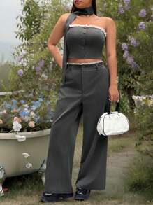SHEIN EZwear Completo casual con pizzo e nastro per taglie forti - nero - Visualizzare 1