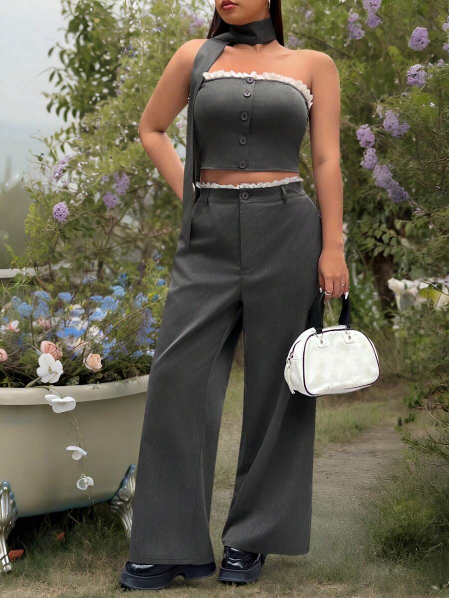 SHEIN EZwear Completo casual con pizzo e nastro per taglie forti - nero - Visualizzare 1