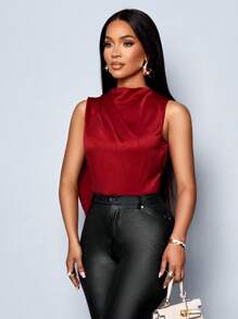 SOLERSUN Áo cánh satin không tay cổ cao thanh lịch thời trang dành cho nữ - Đỏ - Xem 3