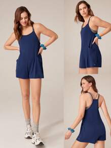 GLOWMODE Modal Ribbed Easy Move Spaghetti Straps Romper Jumpsuit With Side Large Pocket Daily Casual Spring Summer