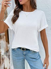 SHEIN LUNE Women's Round Neck Short Sleeve Shirt, Loose Casual Design With Decorative Buttons, Pleated Back Hem Tie Bow, Suitable For Daily Wear - White - View 2