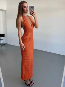 Aloruh New Crochet Deep V-Neck Backless Sexy Vacation/Date/Casual Knit Dress