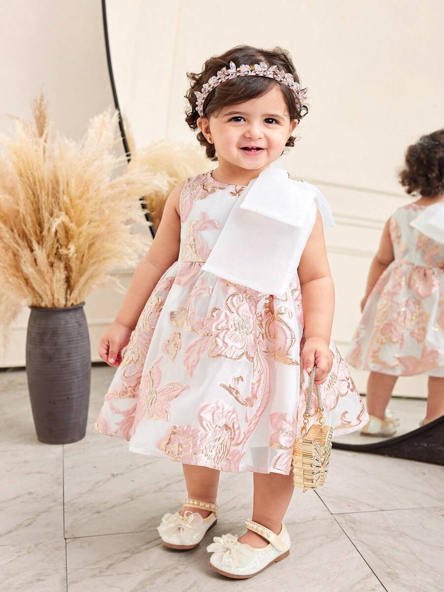 SHEIN Vestido de niña bebé de verano lindo y elegante con estampado floral y moño