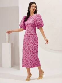Modelyn Women's Yellow Puff Sleeve Round Neck Dress Maxi Women Outfit Long Evening Dresses
