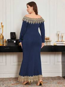 Modelyn Plus Size Elegant Party Lace Trim Off Shoulder Fishtail Dress