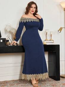 Modelyn Plus Size Elegant Party Lace Trim Off Shoulder Fishtail Dress