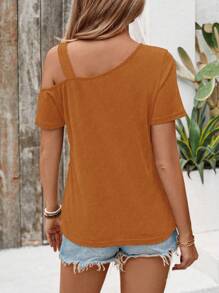 EMERY ROSE Asymmetrical Neck T-Shirt With Sequin Patchwork, Casual & Vacation - Brown - View 2