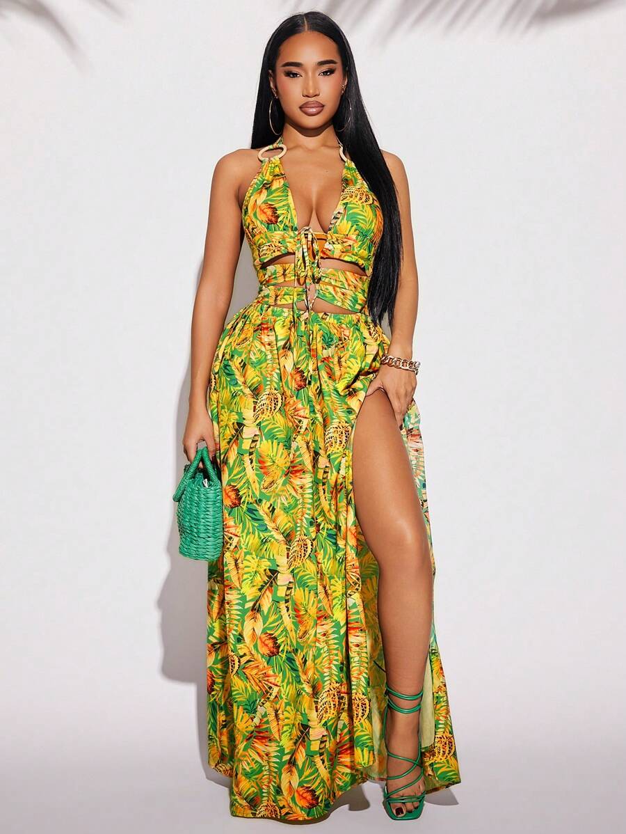 SHEIN SXY Mùa xuân và mùa hè Old Money BOHO Kỳ nghỉ Thanh lịch Thường ngày Mặc hàng ngày với hoa màu vàng xanh lá cây Halter V-cổ xếp li dài Slim-Fit Swing cho phụ nữ Váy - Nhiều màu - Xem 1