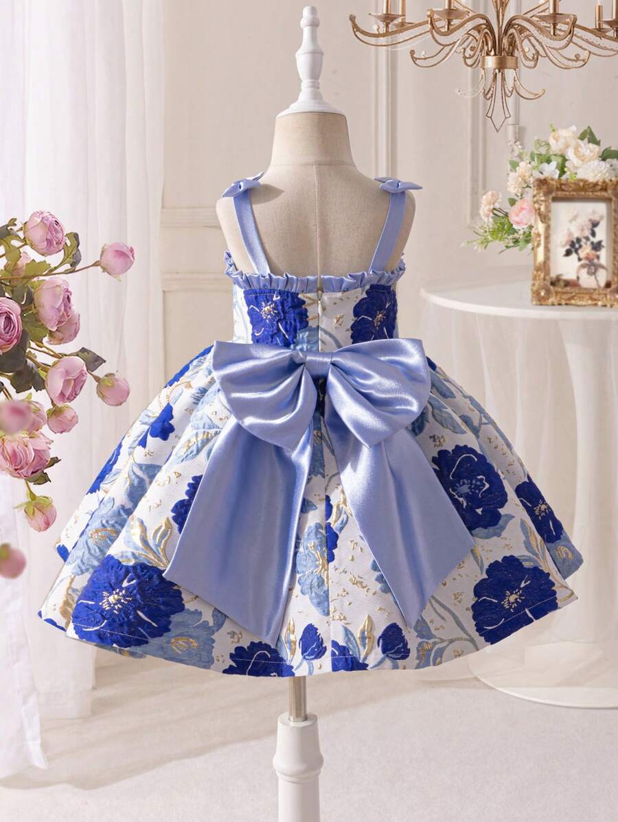 Young Girl Jacquard Woven Bowknot Decor Camisole Dress - Blue - View 1
