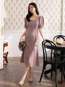 DAZY 纯色方领泡泡袖美人鱼下摆中长款连衣裙，适合女士优雅太阳裙，正式女士连衣裙 - 紫色 - 查看 3