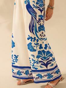 CAJUNI Women's Boho Ginkgo Leaf, Parrot, Blue & White Printed Halter Backless Tie Front Wide Leg Jumpsuit, Casual Summer Beach Wear